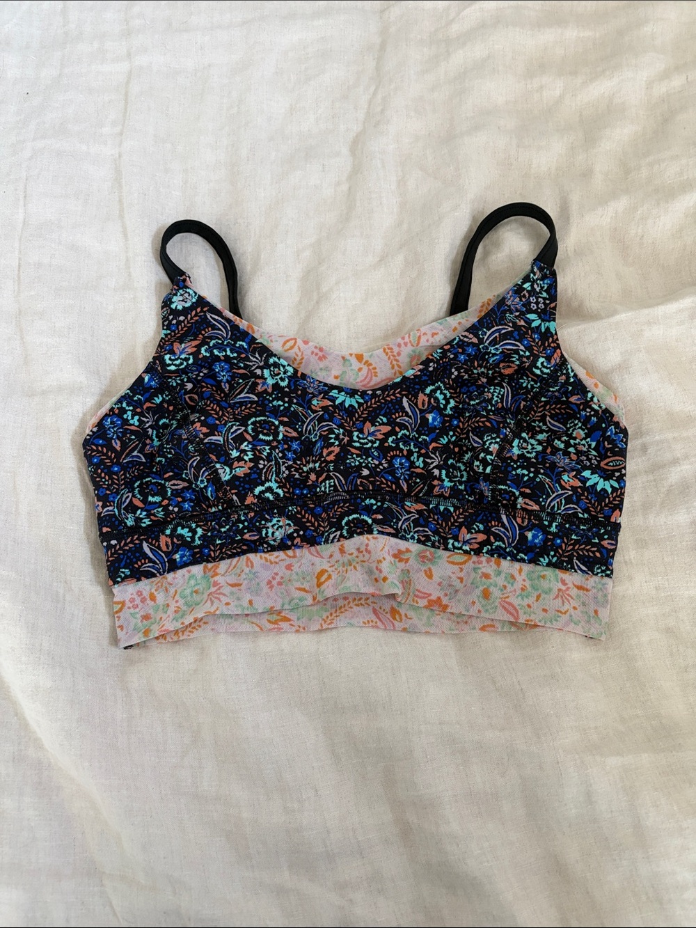 FP Movement by Free People Floral Print Sports Bra in Black and Blue